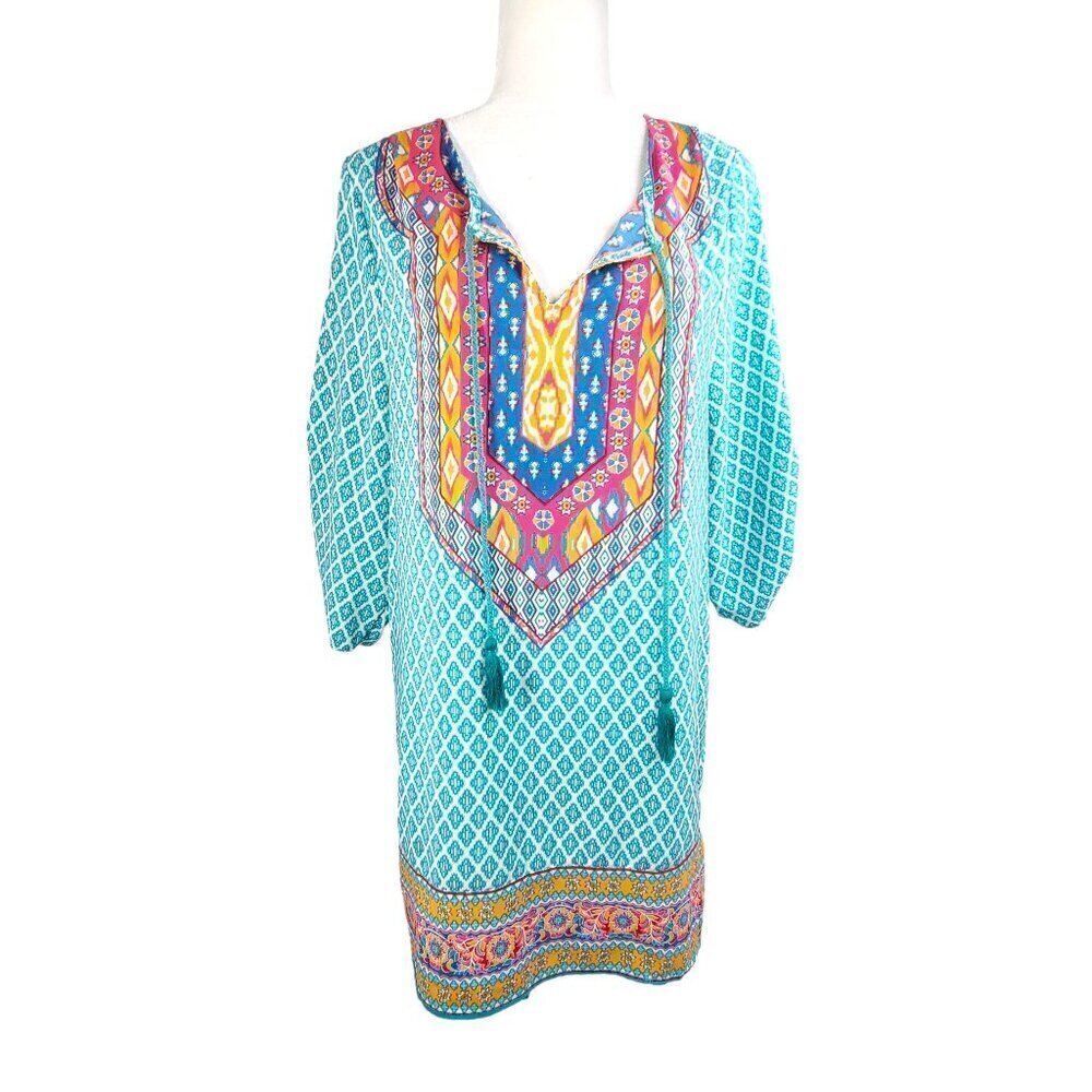 NLW Turquoise Boho Sheath Dress Coverup Made In Turkey Large